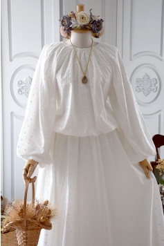 Brodeli Beyaz Renk Etek-Bluz Takımı