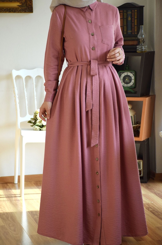 Düğmeli Pembe Elbise