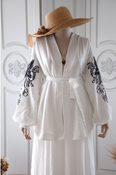 Kelebek Nakışlı Beyaz Renk Kimono