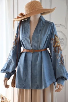 Kelebek Nakışlı Kot Kimono