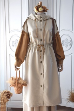 Çift Renk Taba-Taş Kapüşonlu Trench