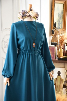 Kloş Model Petrol Mavisi Rengi Krep Elbise