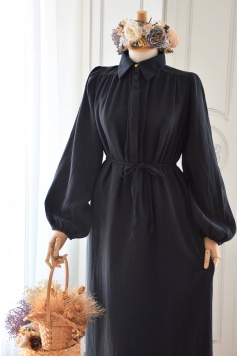 Robalı Model Müslin Elbise Siyah Renk