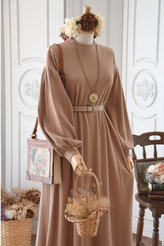 Deri Kemerli Triko Elbise Bej Rengi