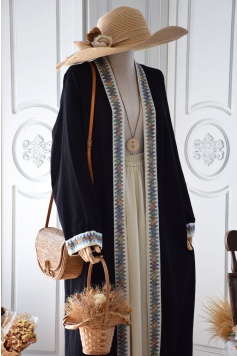 Etnik Şeritli Kimono Siyah Renk