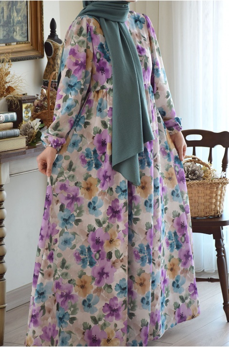 Soft Lila Çiçekli Keten Elbise