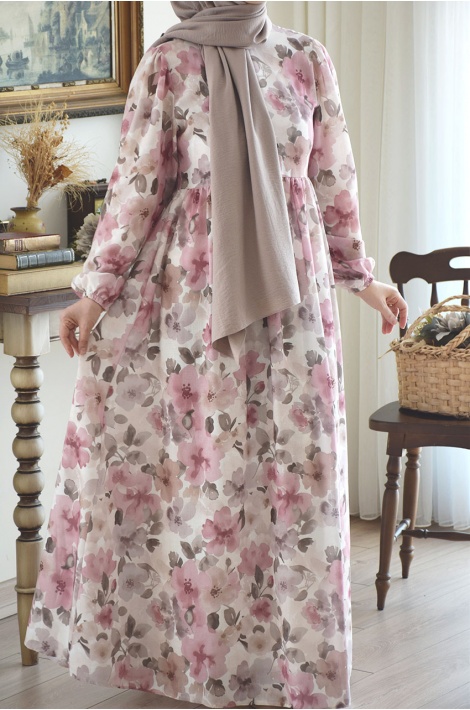 Soft Pudra Çiçekli Keten Elbise