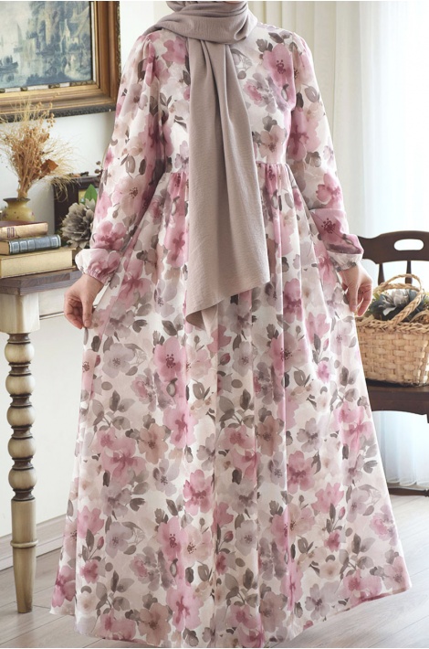 Soft Pudra Çiçekli Keten Elbise