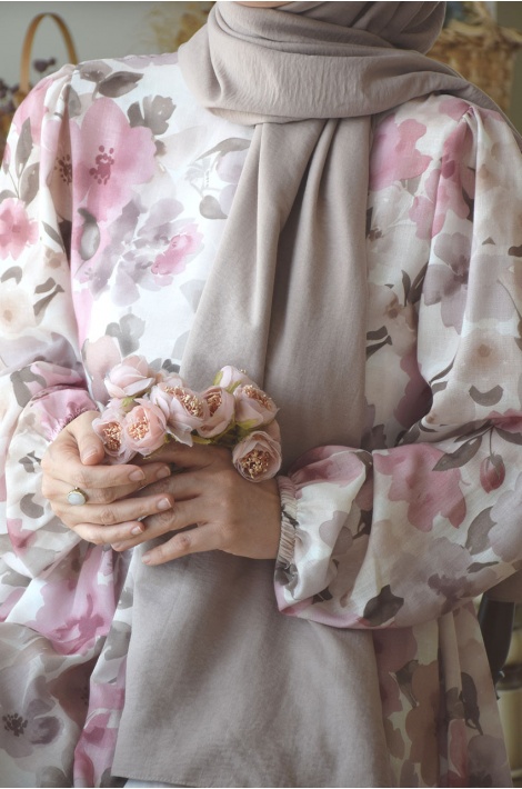 Soft Pudra Çiçekli Keten Elbise