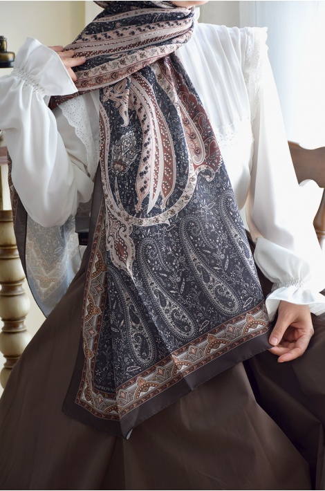 Pamuklu Etnik Desen Şal Kahverengi