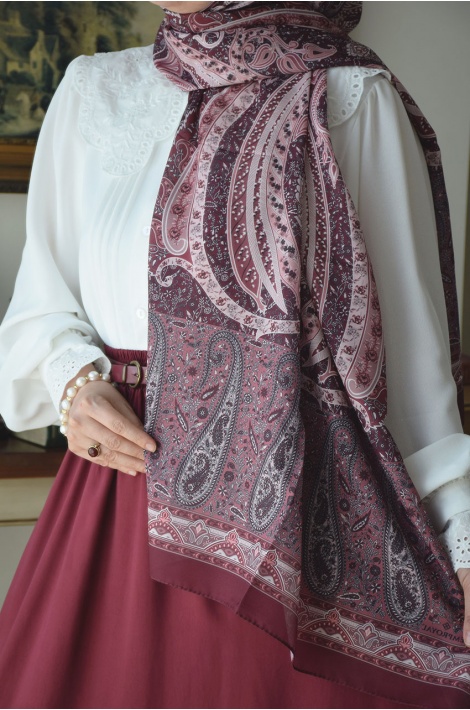 Pamuklu Etnik Desen Şal Bordo