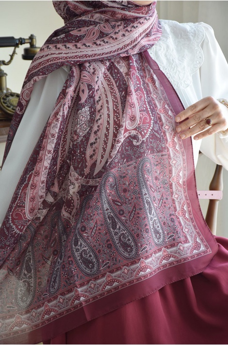Pamuklu Etnik Desen Şal Bordo