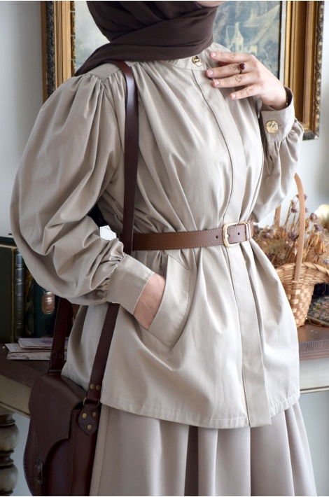 Kemerli Kısa Trench Coat Taş