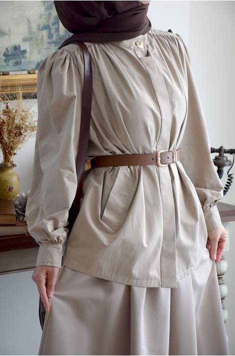Kemerli Kısa Trench Coat Taş