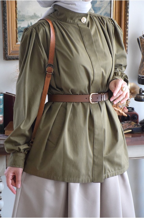Kemerli Kısa Trench Coat Yeşil