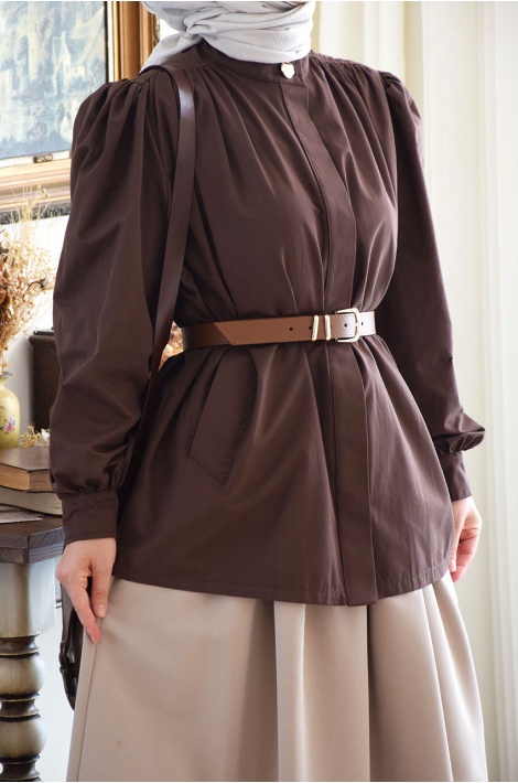 Kemerli Kısa Trench Coat Kahverengi