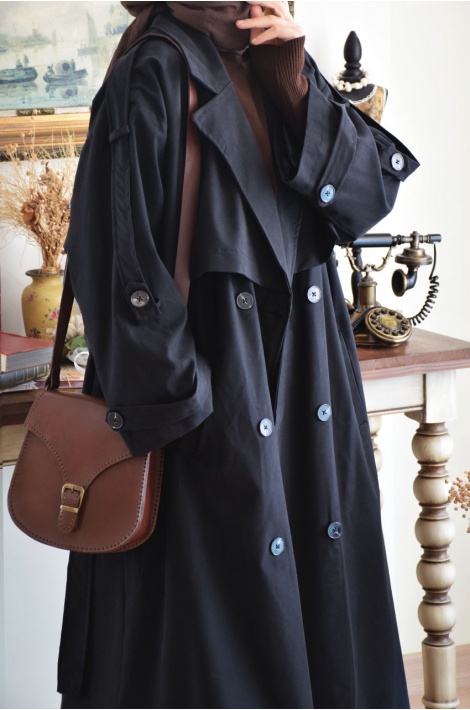 Oversize Model Trench Coat Siyah
