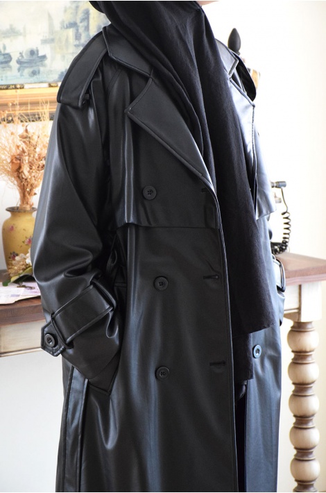 Deri Trench Coat Siyah