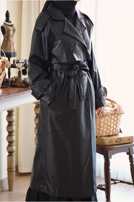 Deri Trench Coat Siyah