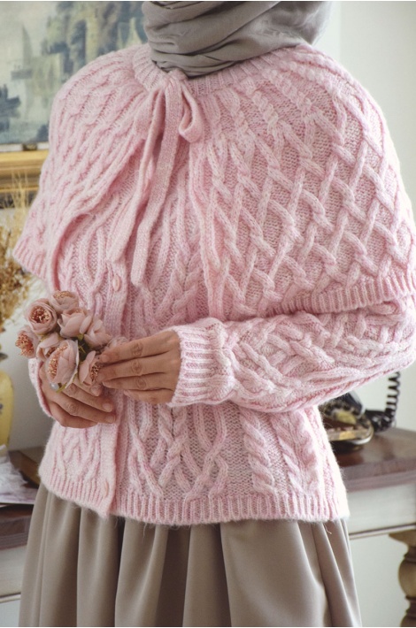 Pelerinli Triko Hırka Pembe