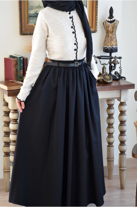 Kemerli Yün Etek Siyah