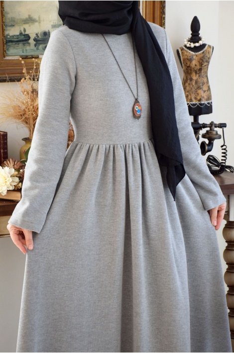 Pelerinli Triko Elbise Gri