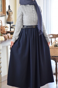 Kemerli Yün Etek Lacivert