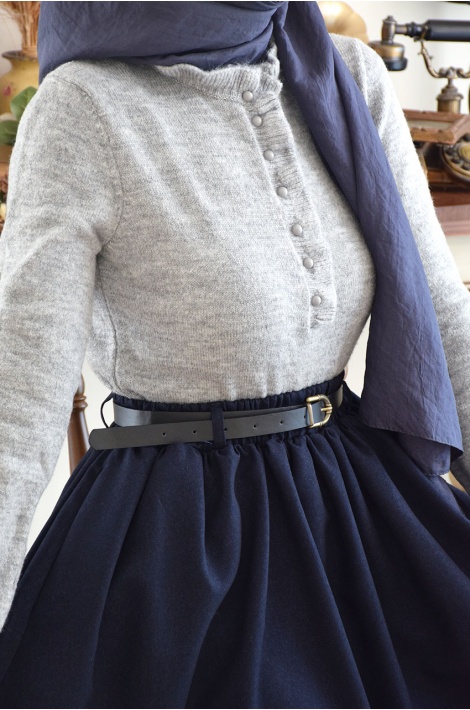 Kemerli Yün Etek Lacivert