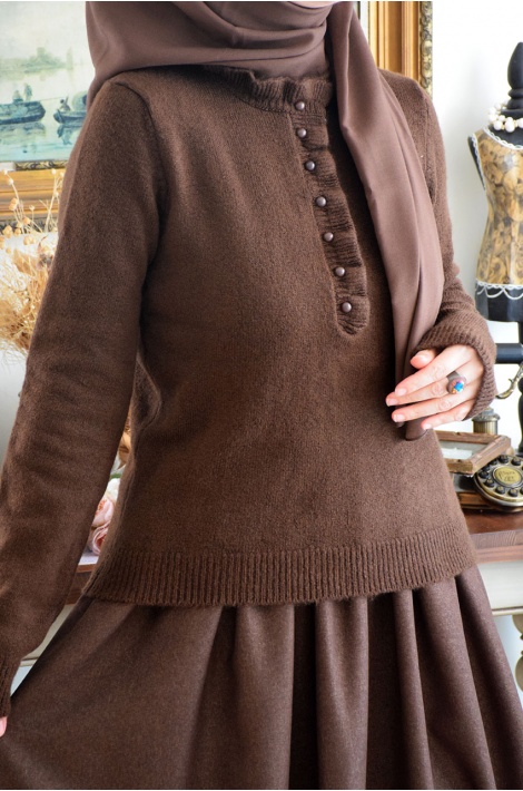 Fırfırlı Triko Kazak Kahverengi