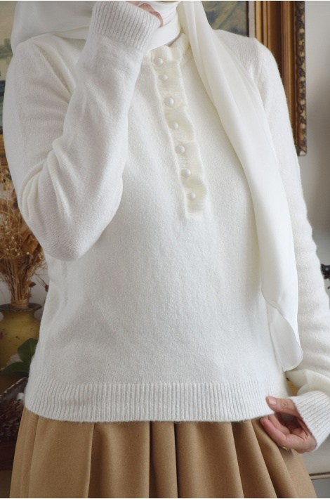 Fırfırlı Triko Kazak Krem