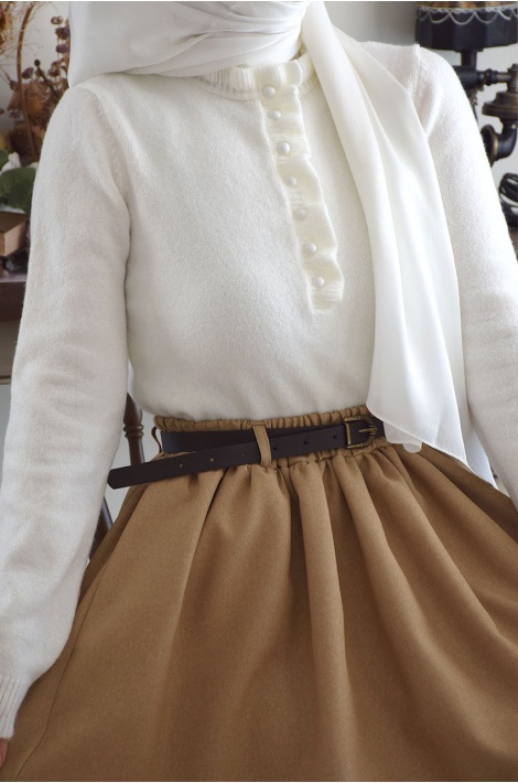 Fırfırlı Triko Kazak Krem