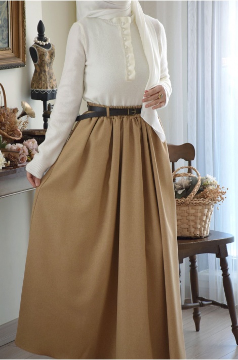 Kemerli Yün Etek Bej