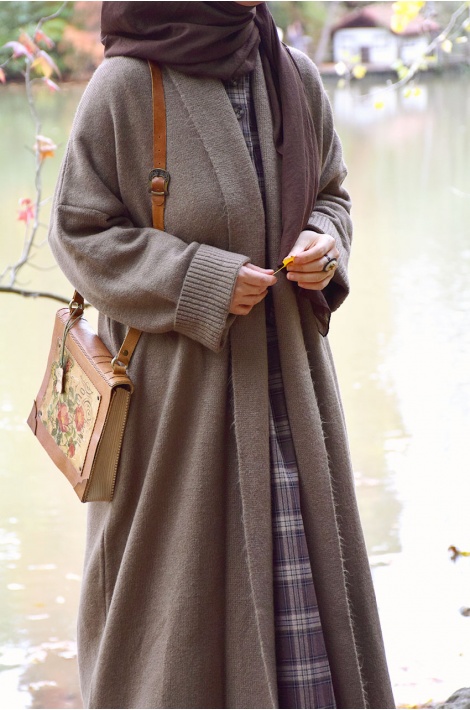 Uzun Triko Hırka Koyu Mat Vizon