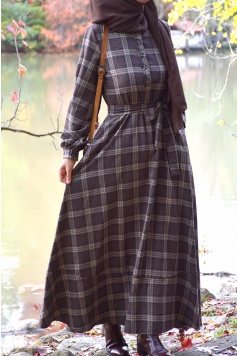 Ekose Desen Elbise Kahverengi