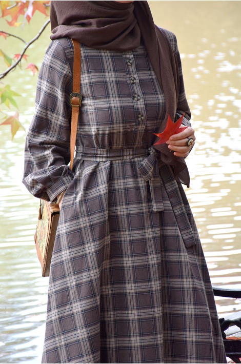 Ekose Desen Elbise Kahverengi