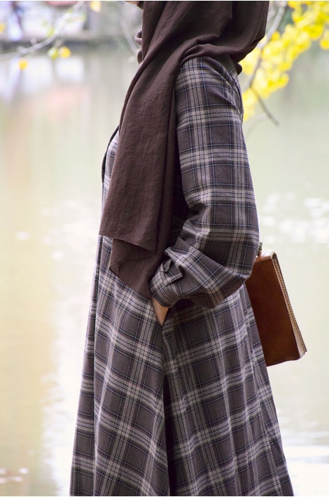 Ekose Desen Elbise Kahverengi