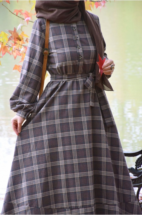 Ekose Desen Elbise Kahverengi