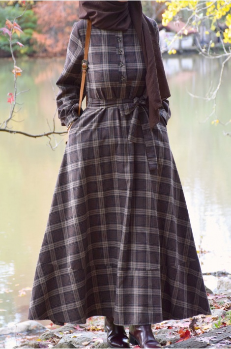 Ekose Desen Elbise Kahverengi