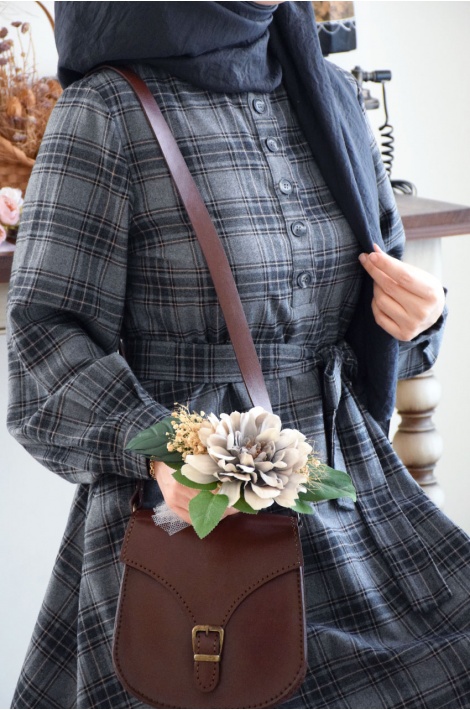 Ekose Desen Elbise Gri