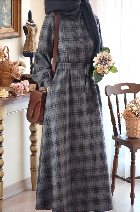 Ekose Desen Elbise Gri