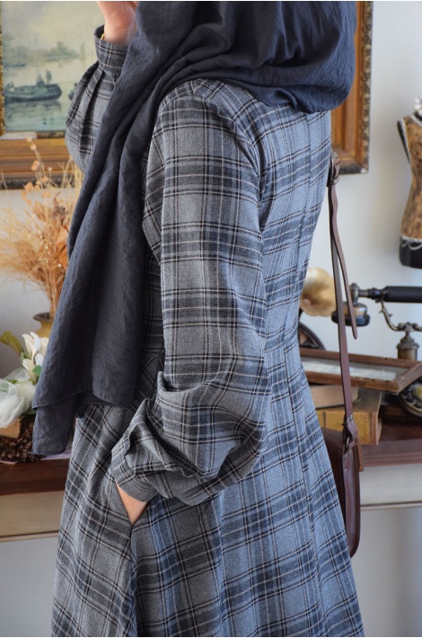 Ekose Desen Elbise Gri