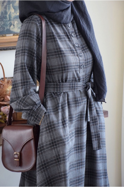 Ekose Desen Elbise Gri