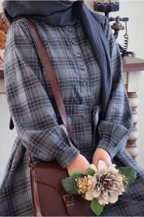 Ekose Desen Elbise Gri