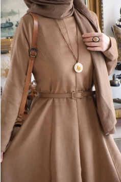 Kemerli Taba Renk Süet Elbise