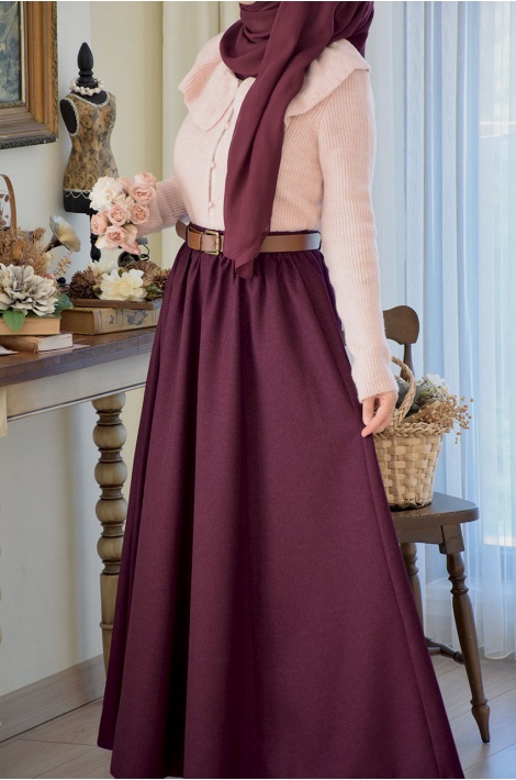 Kalın Kemerli Parçalı Yün Etek Mürdüm