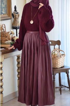 Piliseli Deri Etek Bordo