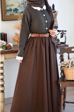 Kalın Kemerli Parçalı Yün Etek Kahverengi