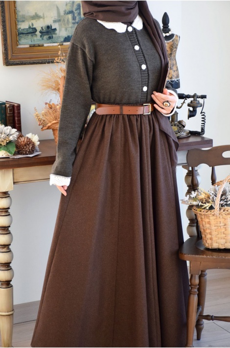 Kalın Kemerli Parçalı Yün Etek Kahverengi