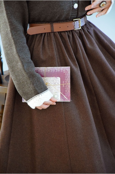 Kalın Kemerli Parçalı Yün Etek Kahverengi