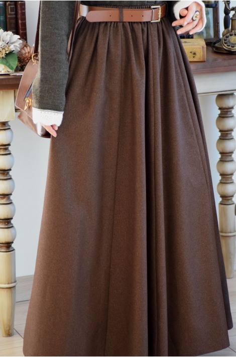 Kalın Kemerli Parçalı Yün Etek Kahverengi